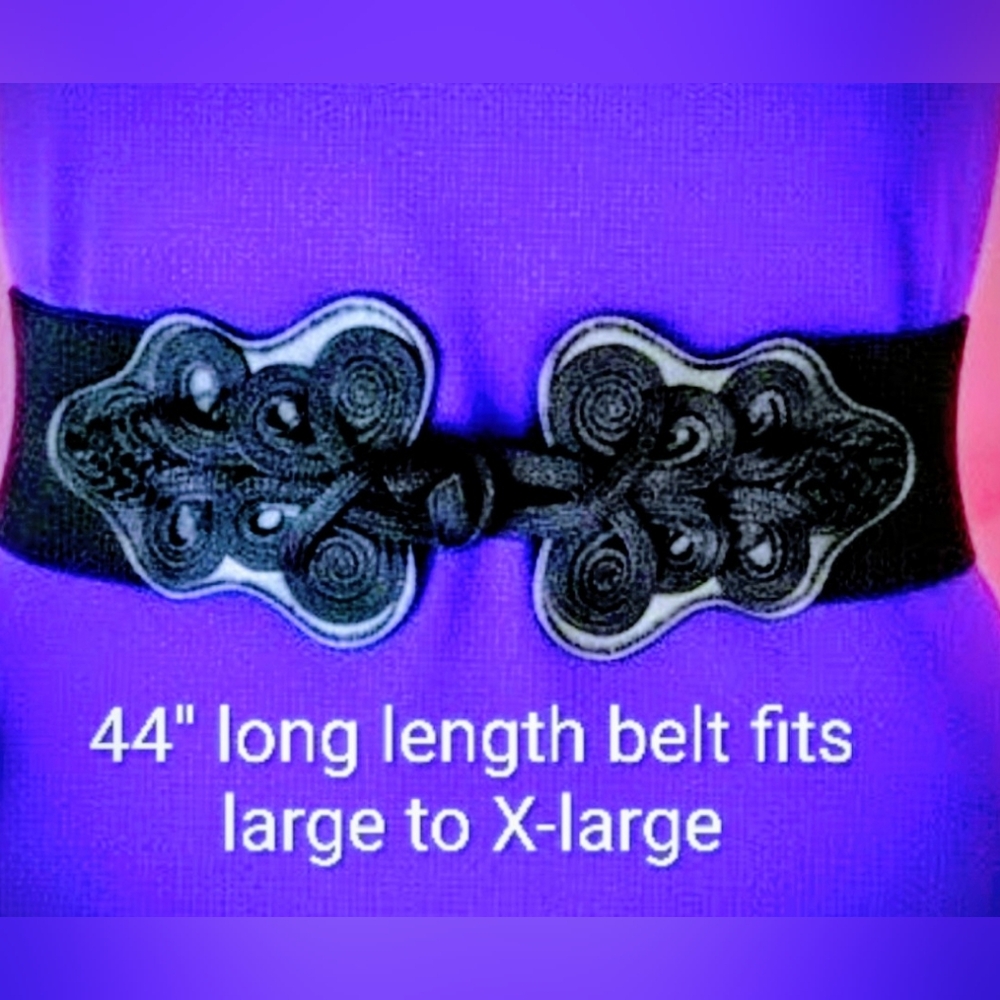 Black Wide Cinch Waist Belt Ornate Brandebourg Frog Closure 44"+